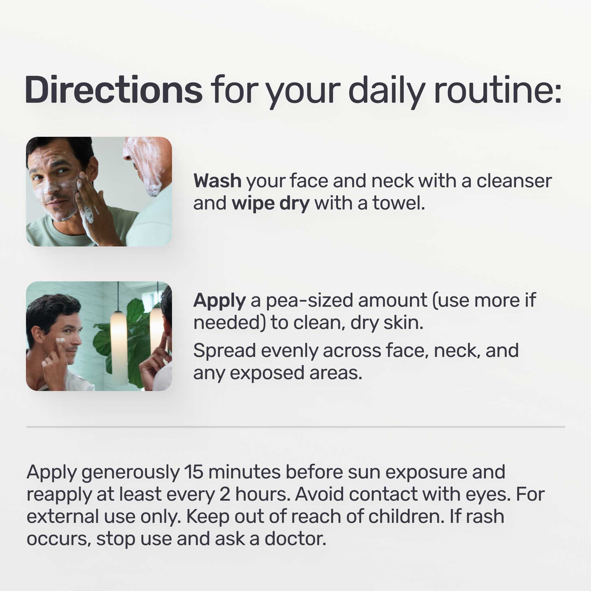Instructions for daily skincare routine with images of a man applying cream.