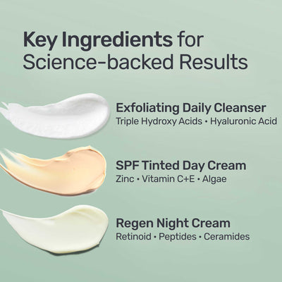 Skincare product swatches with key ingredients listed on a light green background