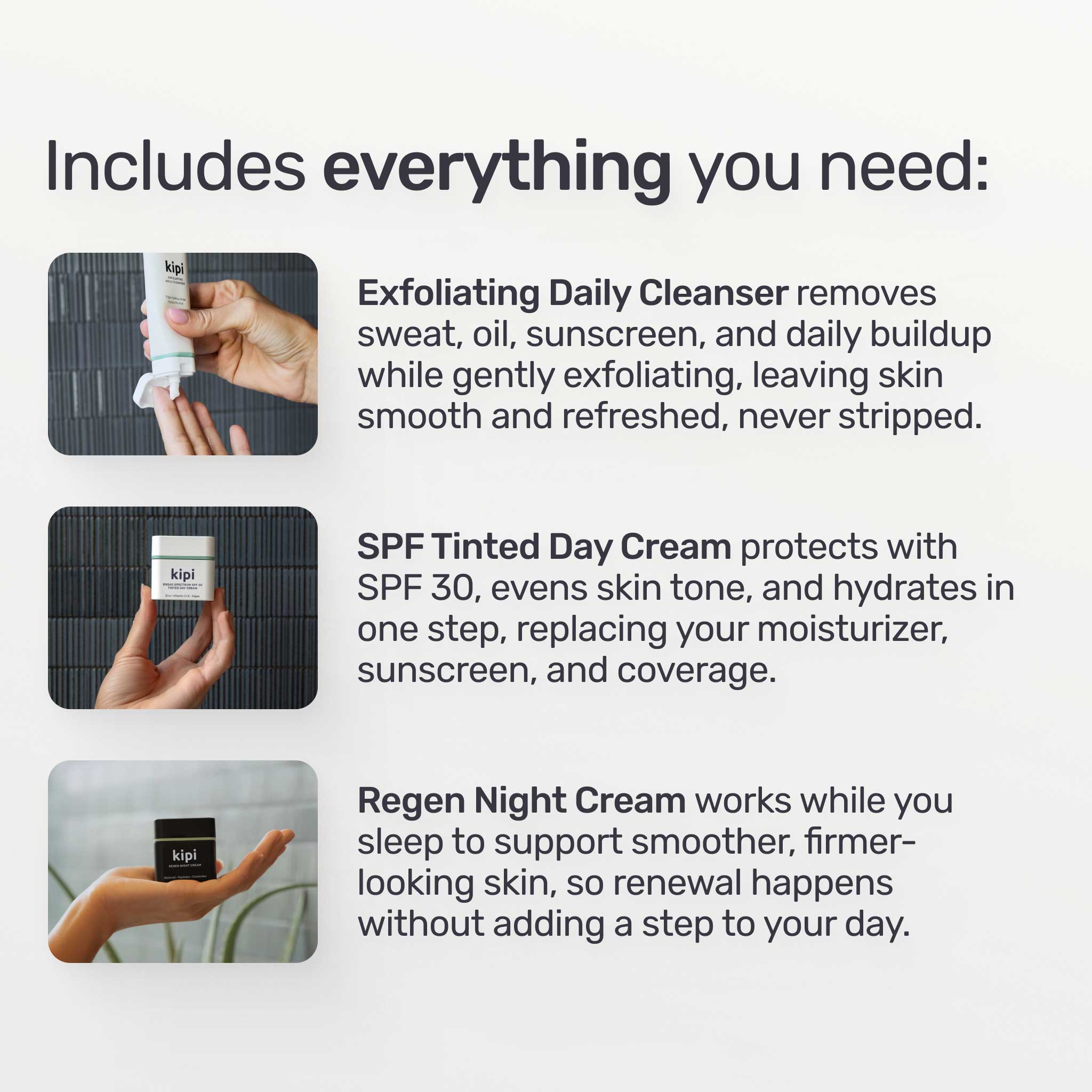 Skincare product set with exfoliating daily cleanser, SPF tinted day cream, and regen night cream on a white background.