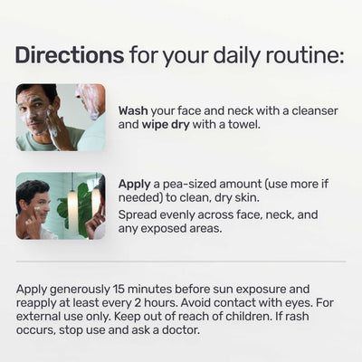 Instructions for daily skincare routine with images of a man applying cream.