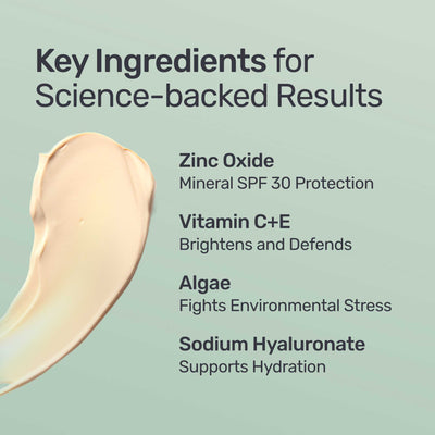 Key ingredients for science-backed results with a swatch of cream on a light green background