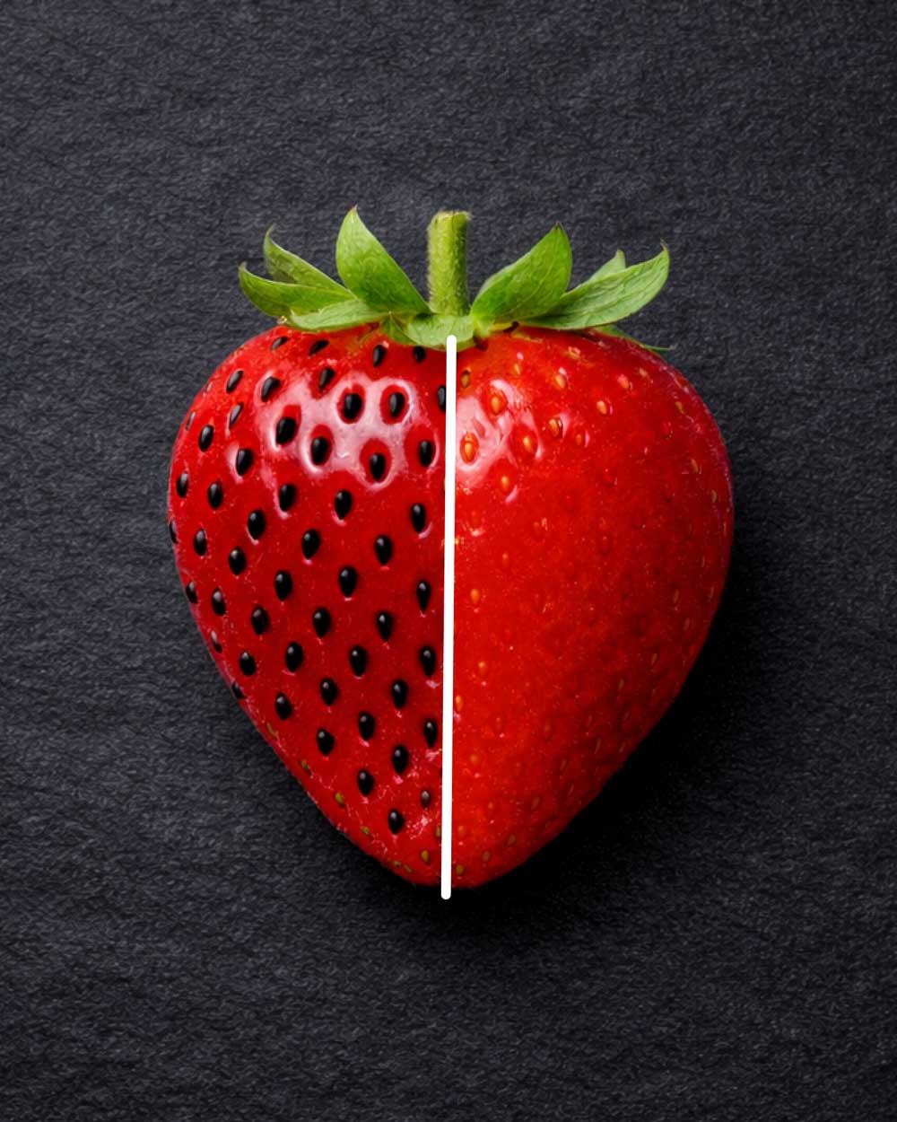 Strawberry cut in half with dark seeds on its left side and lightly visible ones on the right side.
