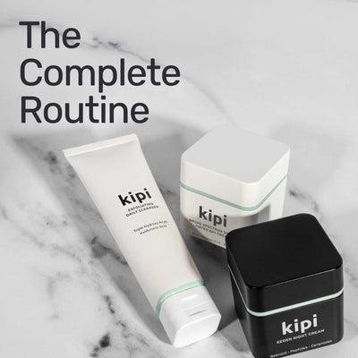 Kipi skincare products on a marble background with text 'The Complete Routine'.